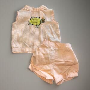 Vintage 70s Baby Girl 2 Piece Top & Shorts Retro Turtle Peachy